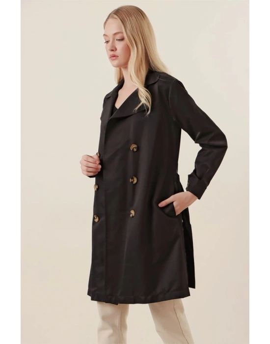 5864 Kruvaze Yaka Kısa Trençkot  Siyah