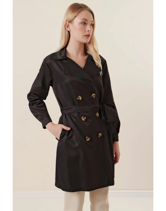 5864 Kruvaze Yaka Kısa Trençkot  Siyah