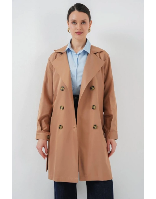 5864 Kruvaze Yaka Kısa Trençkot  Taba