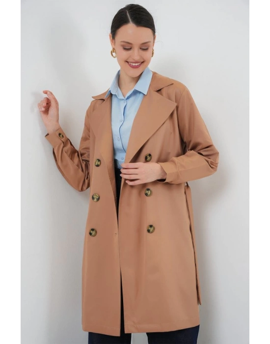 5864 Kruvaze Yaka Kısa Trençkot  Taba