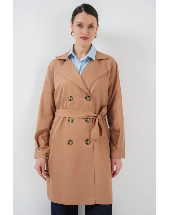 5864 Kruvaze Yaka Kısa Trençkot  Taba