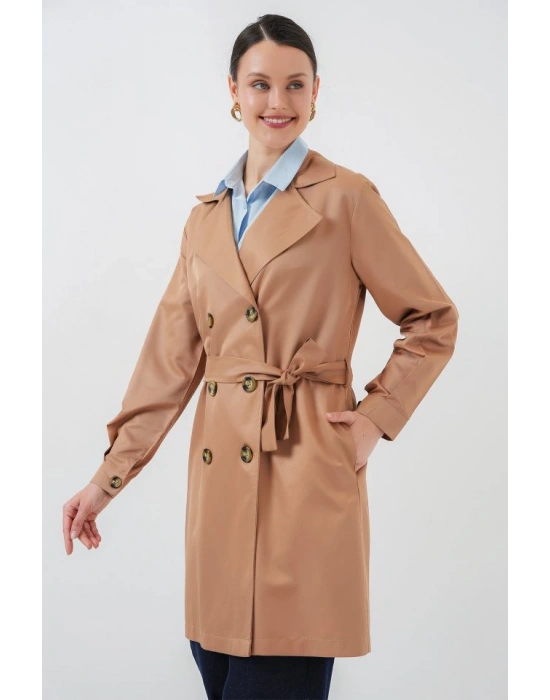 5864 Kruvaze Yaka Kısa Trençkot  Taba