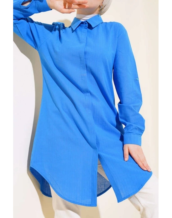 5885 Uzun Keten Gömlek  Saks