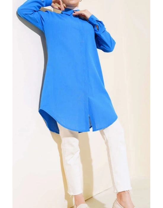 5885 Uzun Keten Gömlek  Saks