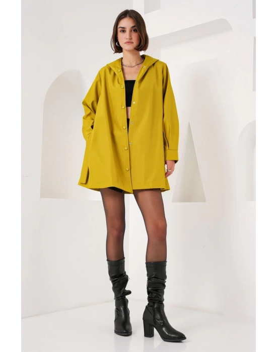 5934 Kapüşonlu Trençkot  Yağ Yeşil