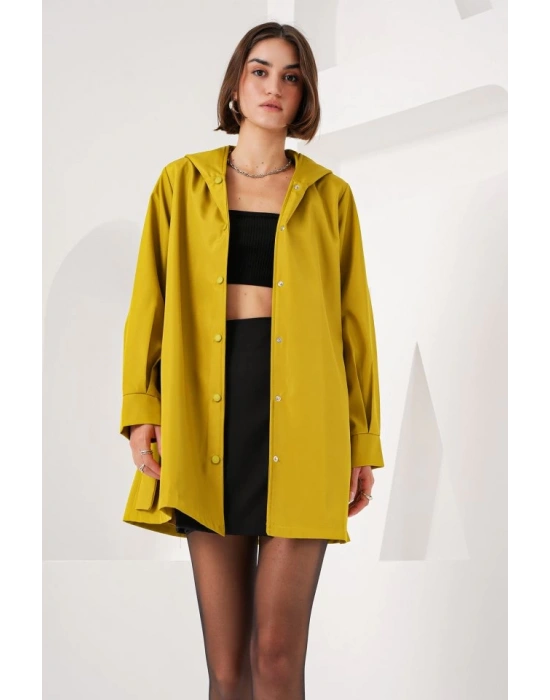 5934 Kapüşonlu Trençkot  Yağ Yeşil