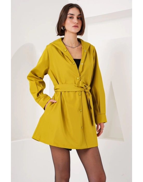 5934 Kapüşonlu Trençkot  Yağ Yeşil