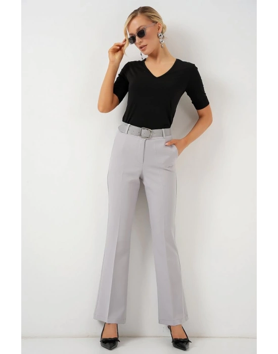 6538 Kemerli İspanyol Paça Pantolon  Gri
