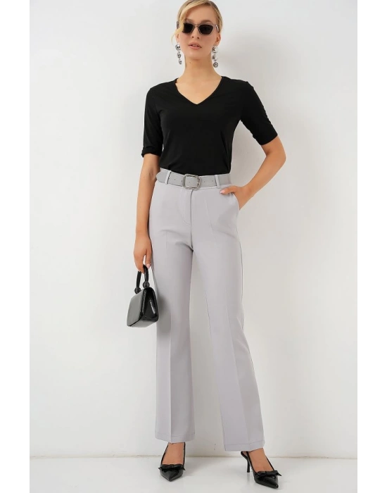 6538 Kemerli İspanyol Paça Pantolon  Gri