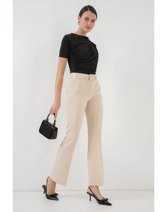65 Kemerli İspanyol Paça Pantolon  Krem