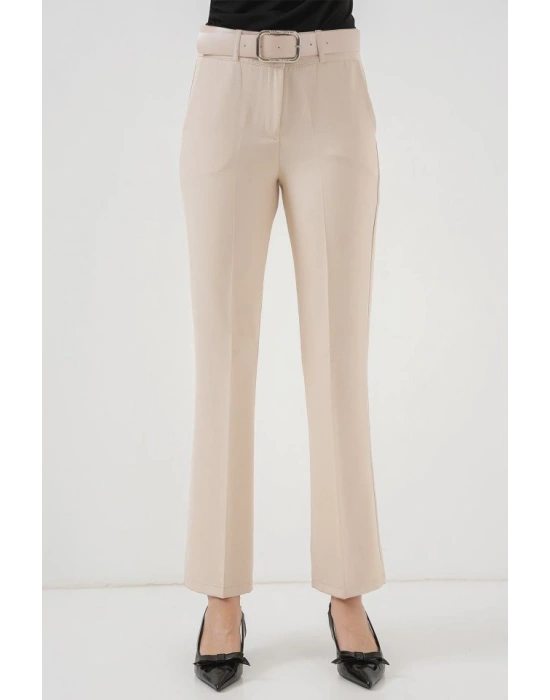 65 Kemerli İspanyol Paça Pantolon  Krem