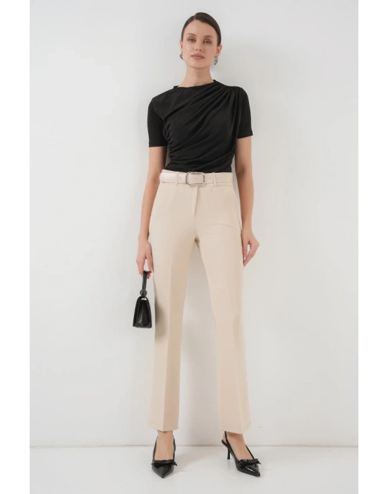 65 Kemerli İspanyol Paça Pantolon  Krem
