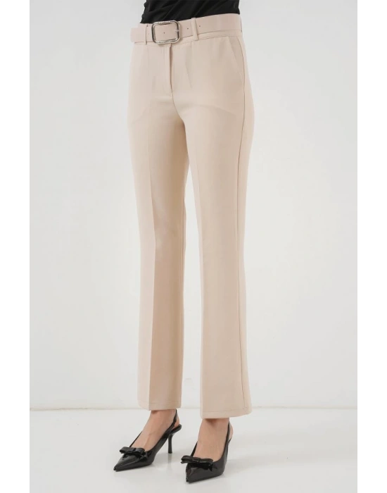 65 Kemerli İspanyol Paça Pantolon  Krem