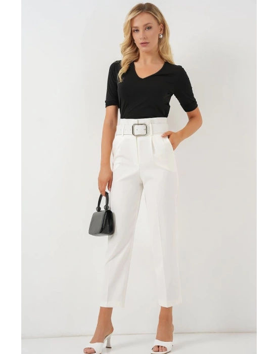 6556 Kemerli Kumaş Pantolon  Ekru