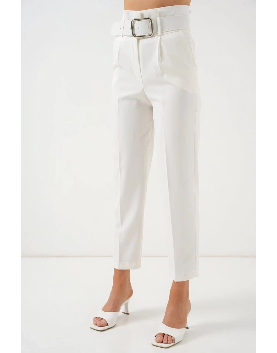 6556 Kemerli Kumaş Pantolon  Ekru