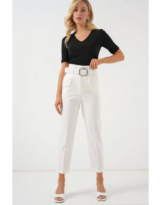 6556 Kemerli Kumaş Pantolon  Ekru