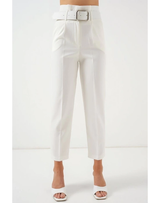 6556 Kemerli Kumaş Pantolon  Ekru