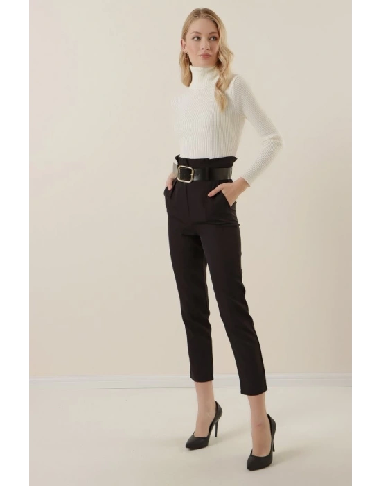 6556 Kemerli Kumaş Pantolon  Siyah