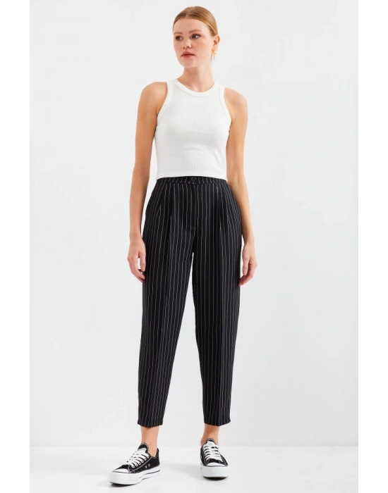 6637 Yüksek Bel Çizgili Kumaş Pantolon  Siyah