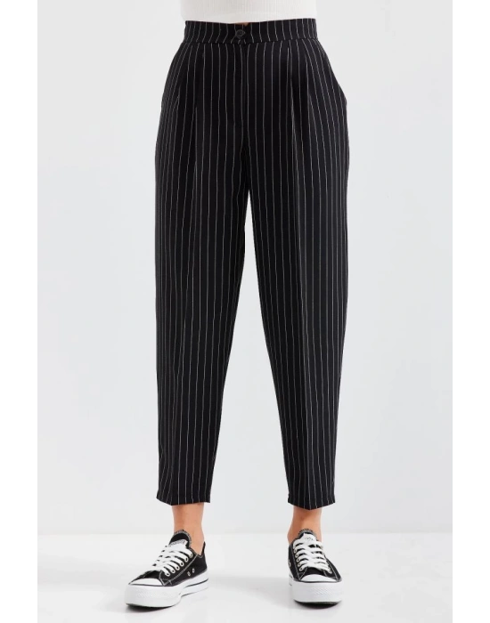 6637 Yüksek Bel Çizgili Kumaş Pantolon  Siyah