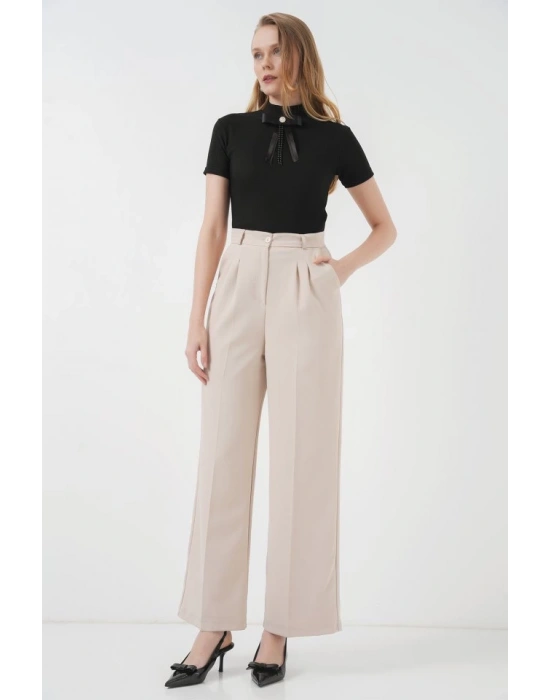 6647 Bol Paça Kumaş Pantolon  Krem