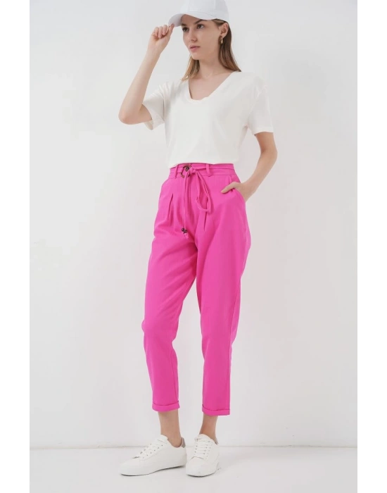 6660 Kemerli Keten Pantolon  Fuşya