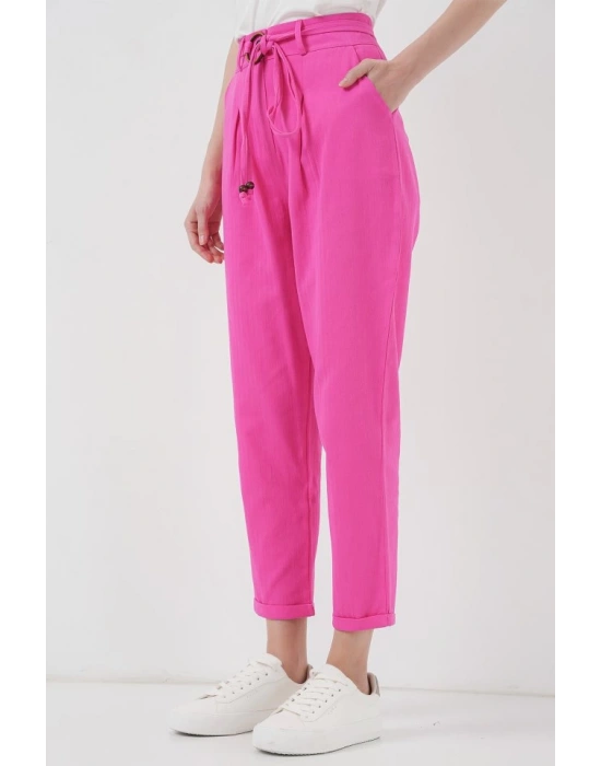 6660 Kemerli Keten Pantolon  Fuşya
