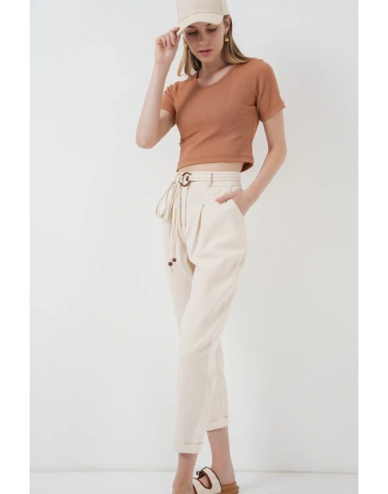 6660 Kemerli Keten Pantolon  Krem