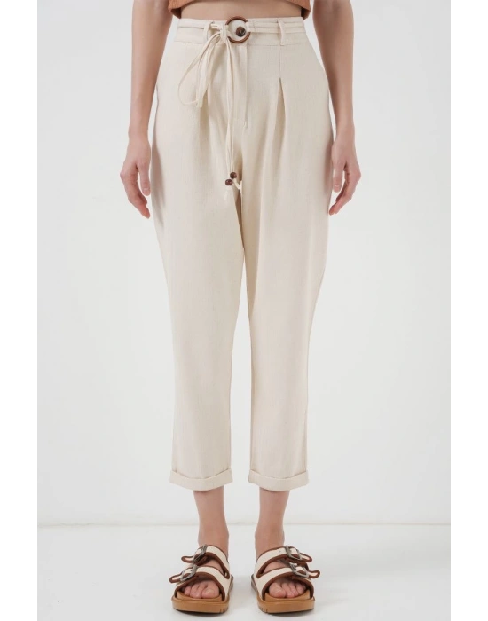 6660 Kemerli Keten Pantolon  Krem