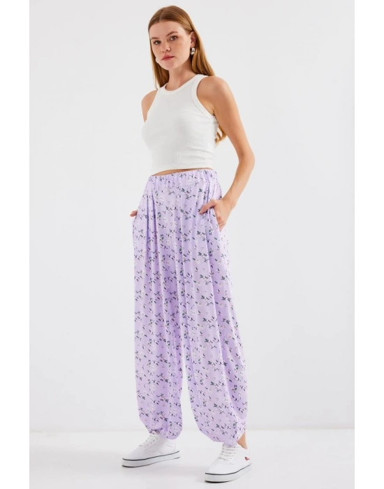 6665 Desenli Şalvar Pantolon  Lila