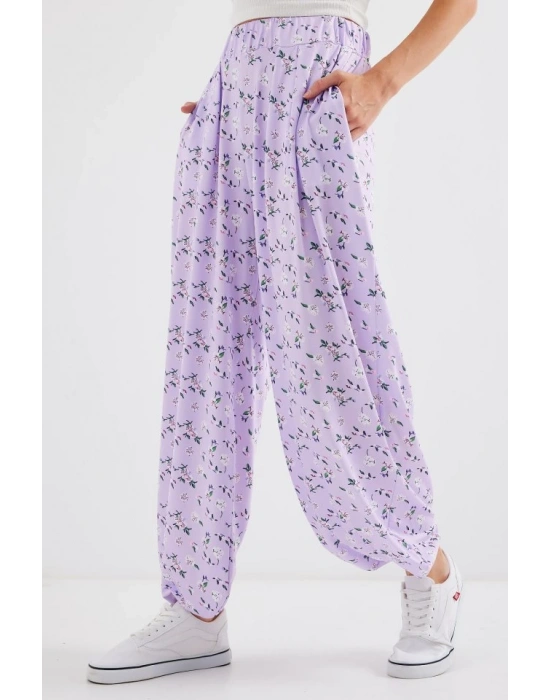 6665 Desenli Şalvar Pantolon  Lila