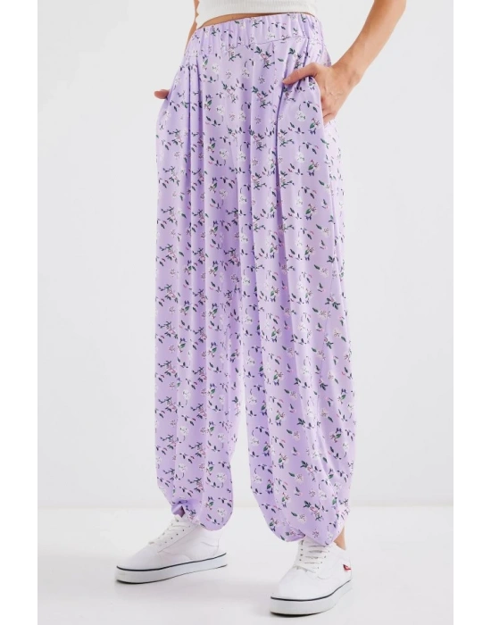 6665 Desenli Şalvar Pantolon  Lila
