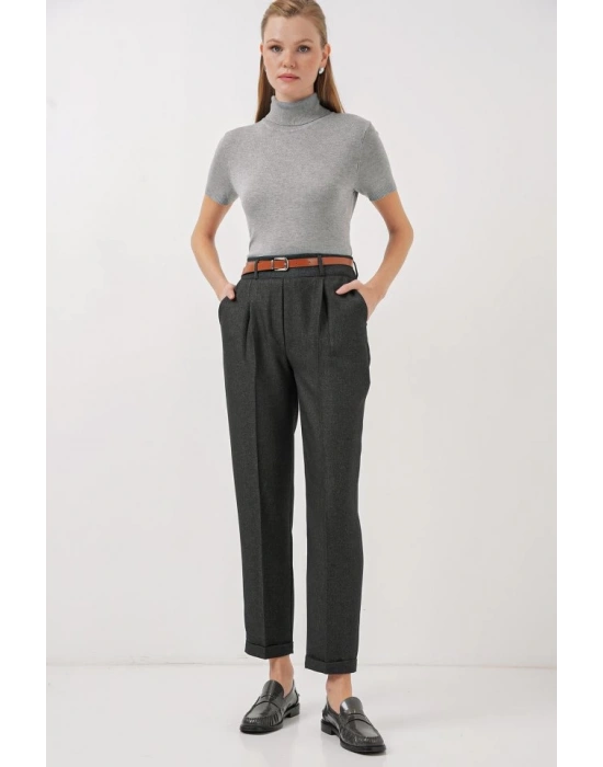 6686 Pileli Kemerli Kumaş Pantolon  Füme