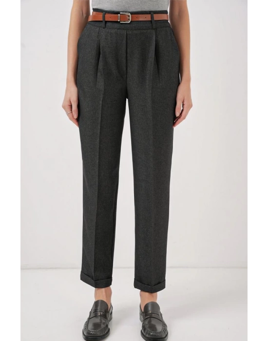 6686 Pileli Kemerli Kumaş Pantolon  Füme