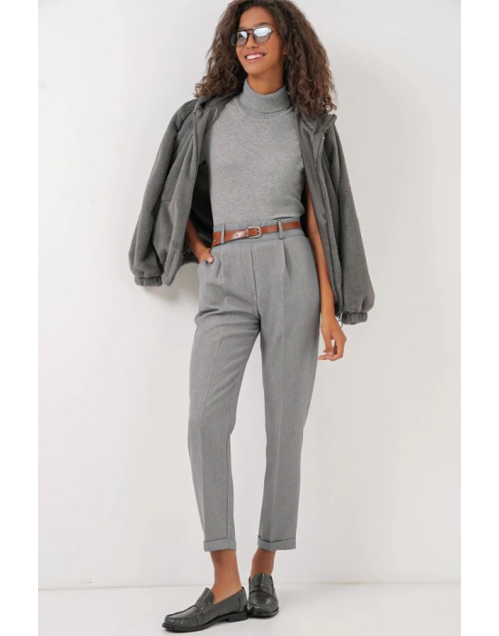 6686 Pileli Kemerli Kumaş Pantolon  Gri