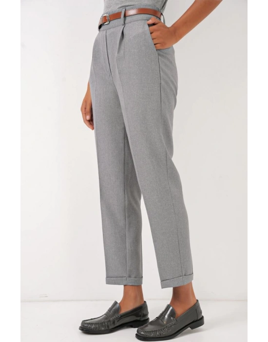 6686 Pileli Kemerli Kumaş Pantolon  Gri
