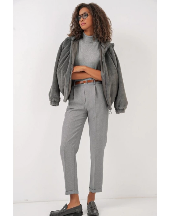 6686 Pileli Kemerli Kumaş Pantolon  Gri