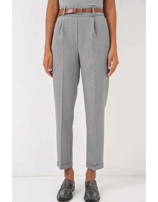 6686 Pileli Kemerli Kumaş Pantolon  Gri