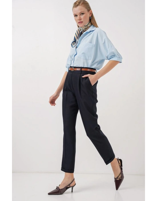 6686 Pileli Kemerli Kumaş Pantolon  Lacivert