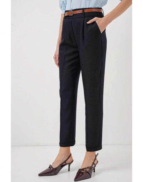 6686 Pileli Kemerli Kumaş Pantolon  Lacivert