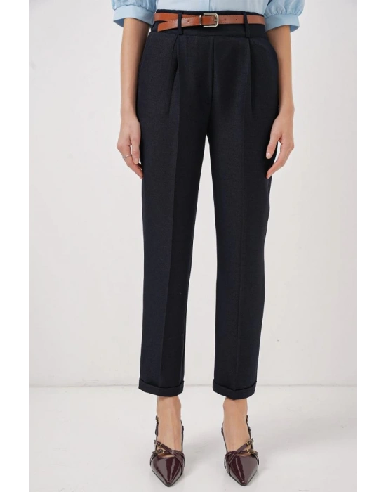 6686 Pileli Kemerli Kumaş Pantolon  Lacivert