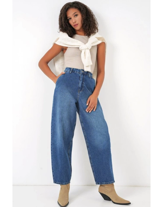 6688 Yüksek Bel Baggy Kot Pantolon  Lacivert