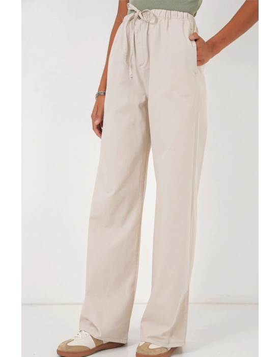 6690 Bol Paça Yüksek Bel Pantolon  Krem