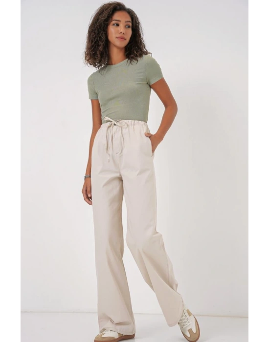 6690 Bol Paça Yüksek Bel Pantolon  Krem