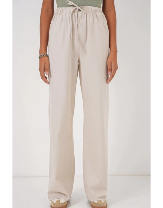 6690 Bol Paça Yüksek Bel Pantolon  Krem