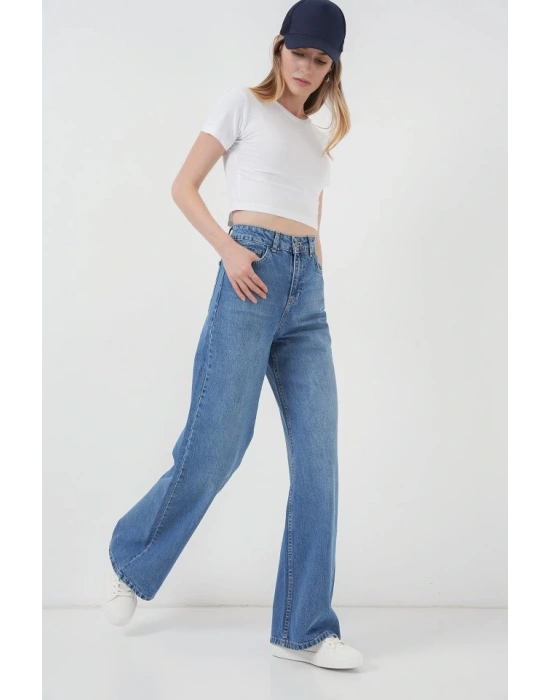 6702 Bol Paça Yüksek Bel Palazzo Kot Pantolon  Lacivert