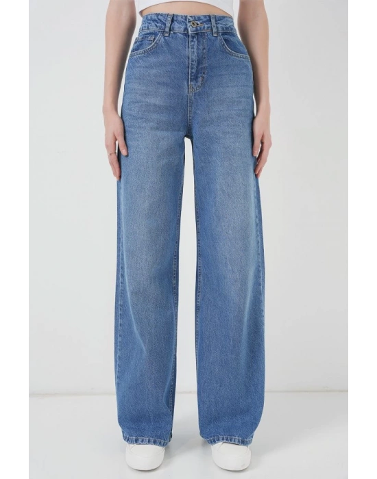 6702 Bol Paça Yüksek Bel Palazzo Kot Pantolon  Lacivert