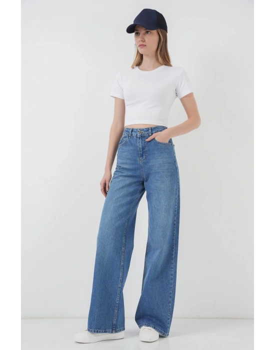 6702 Bol Paça Yüksek Bel Palazzo Kot Pantolon  Lacivert