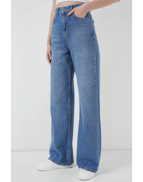 6702 Bol Paça Yüksek Bel Palazzo Kot Pantolon  Lacivert