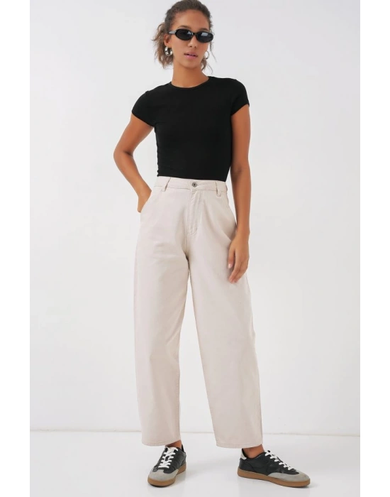 6703 Yüksek Bel Kot Pantolon  Ekru